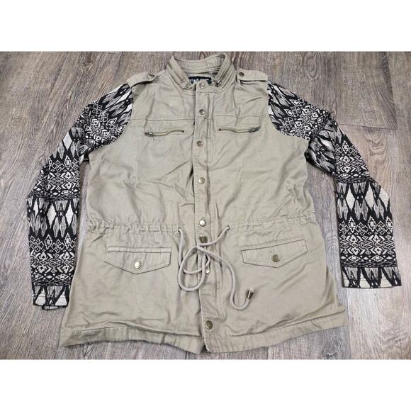 Black Rainn Green Denim Full Zip Mock Neck Jacket Knit Sleeves Large - Picture 1 of 8